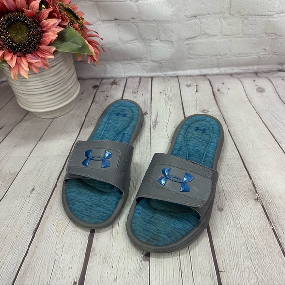 Under Armour Blue and Gray Slide Sandals men's sz 8 beach casual athleisure - Picture 2 of 6